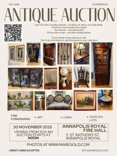 Fine Art Auction Annapolis Royal Firehall Hall, Sunday November 30, 2025.