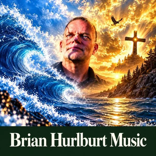 Brian Hurlburt Music artwork featuring Brian’s portrait, an ocean wave, and a cross against a golden sky.