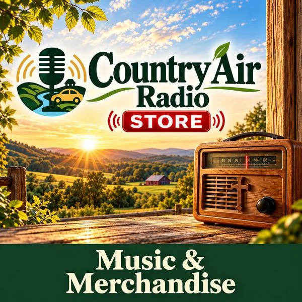 Country Air Radio Store artwork featuring a vintage wooden radio and countryside at sunset, with the title “Music & Merchandise.